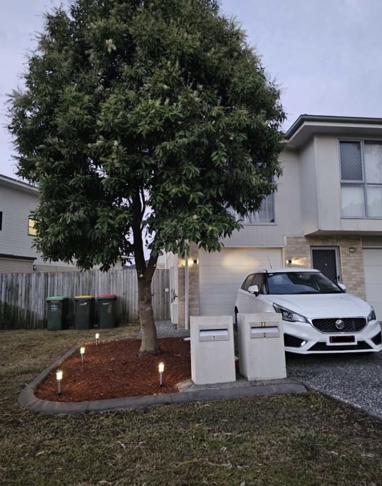 Finished front garden bed transformation with concrete edging, mulch, and solar garden lights