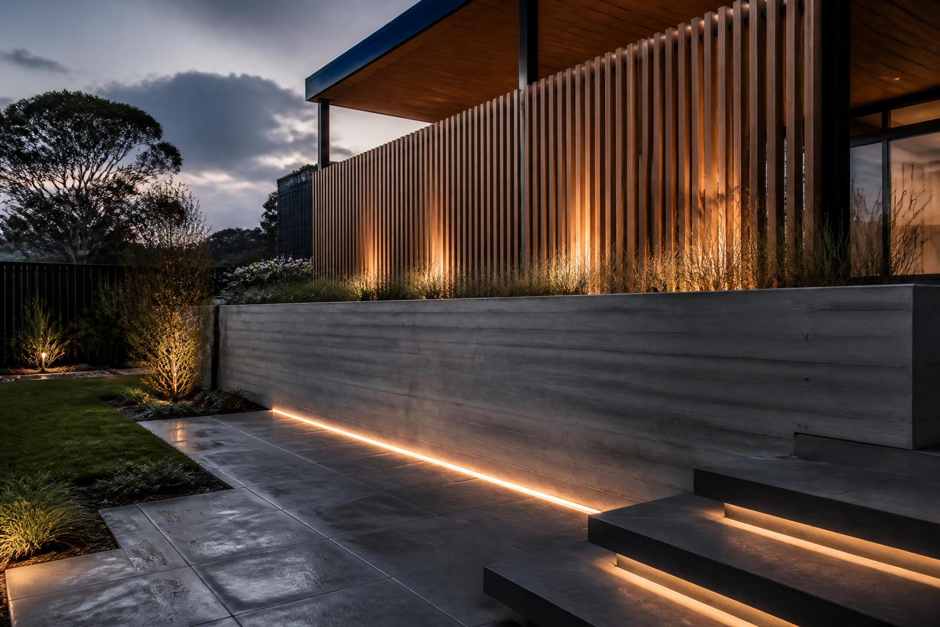 Modern Australian landscape construction with concrete terrace, retaining wall and feature lighting at dusk